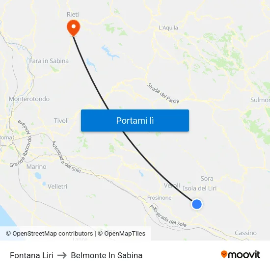 Fontana Liri to Belmonte In Sabina map