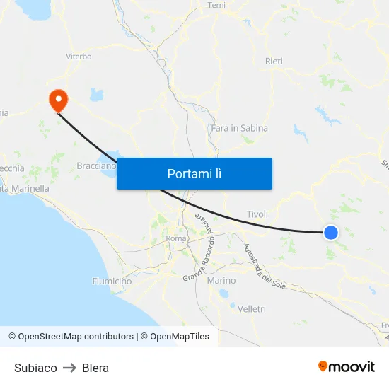 Subiaco to Blera map