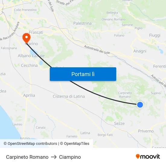 Carpineto Romano to Ciampino map