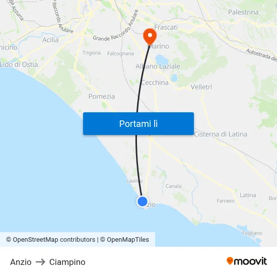 Anzio to Ciampino map