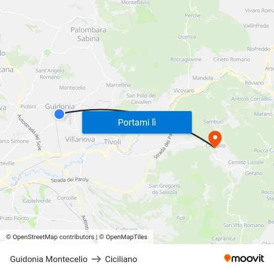 Guidonia Montecelio to Ciciliano map