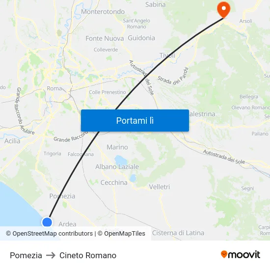 Pomezia to Cineto Romano map