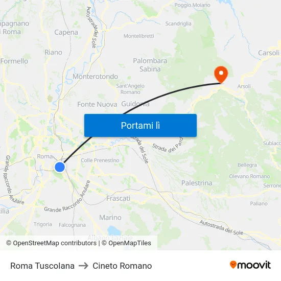 Roma Tuscolana to Cineto Romano map