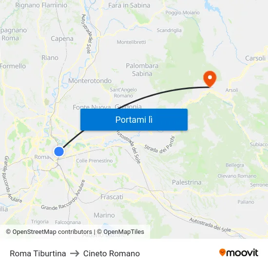 Roma Tiburtina to Cineto Romano map