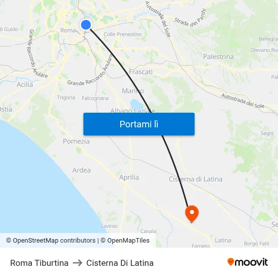 Roma Tiburtina to Cisterna Di Latina map