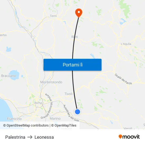 Palestrina to Leonessa map