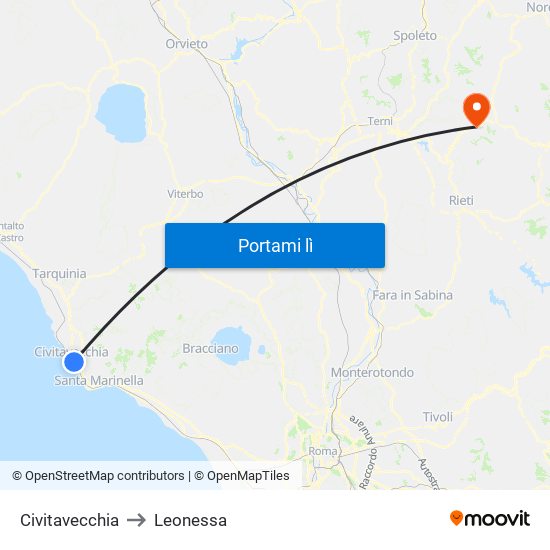 Civitavecchia to Leonessa map