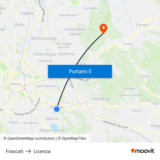 Frascati to Licenza map