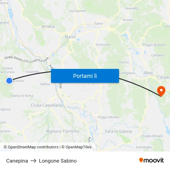 Canepina to Longone Sabino map