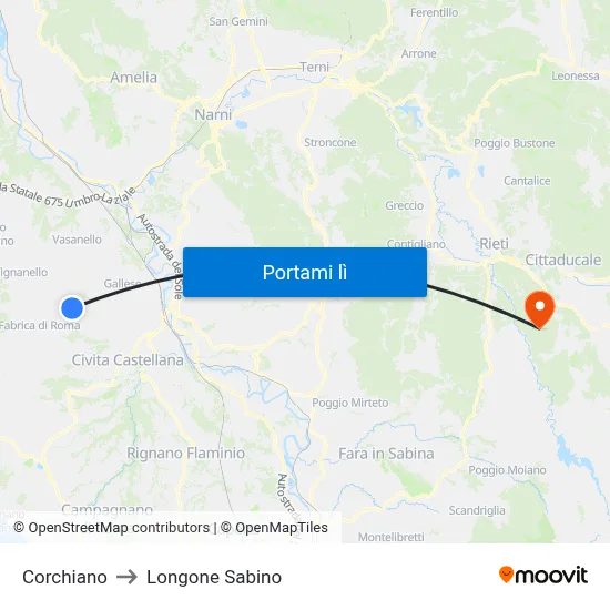 Corchiano to Longone Sabino map