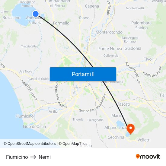 Fiumicino to Nemi map