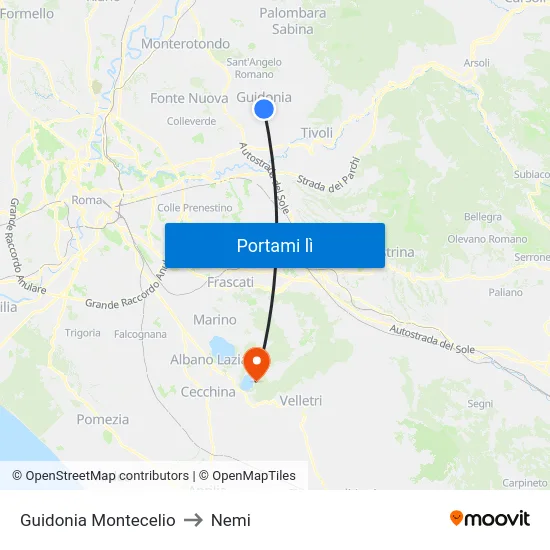 Guidonia Montecelio to Nemi map