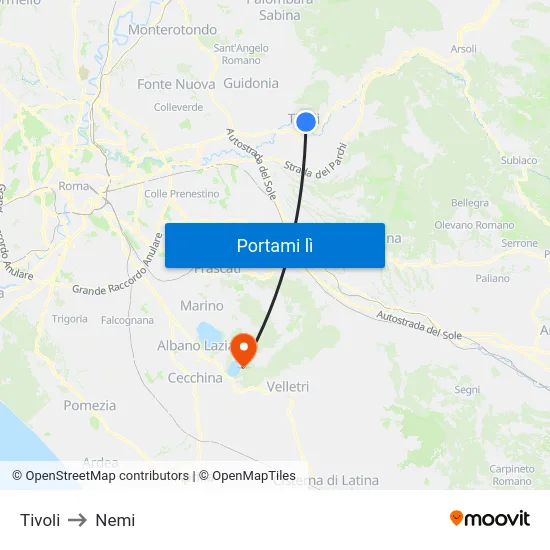 Tivoli to Nemi map
