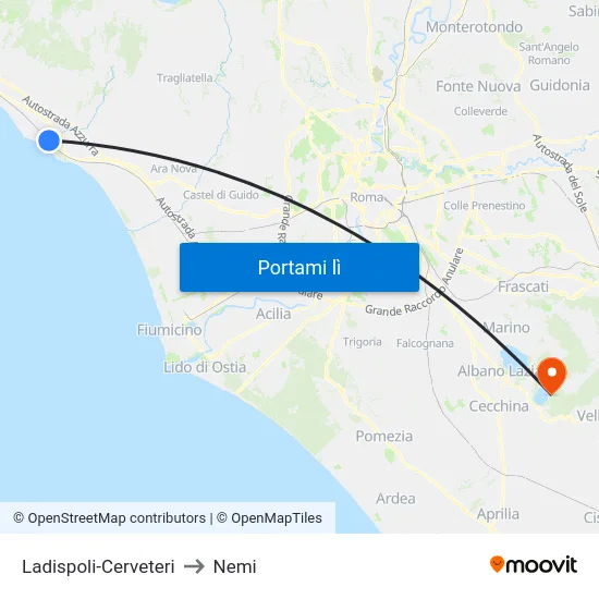Ladispoli-Cerveteri to Nemi map