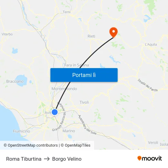 Roma Tiburtina to Borgo Velino map
