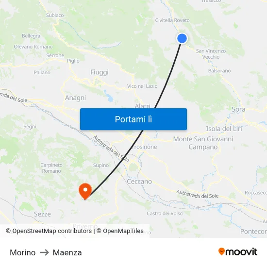 Morino to Maenza map