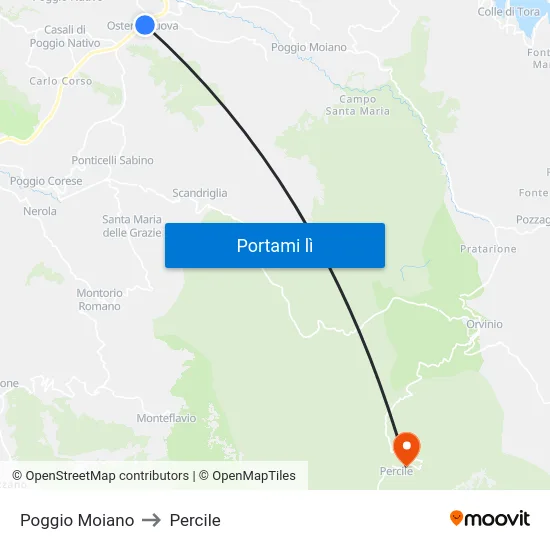 Poggio Moiano to Percile map