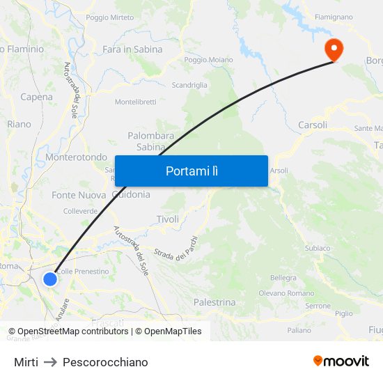 Mirti to Pescorocchiano map