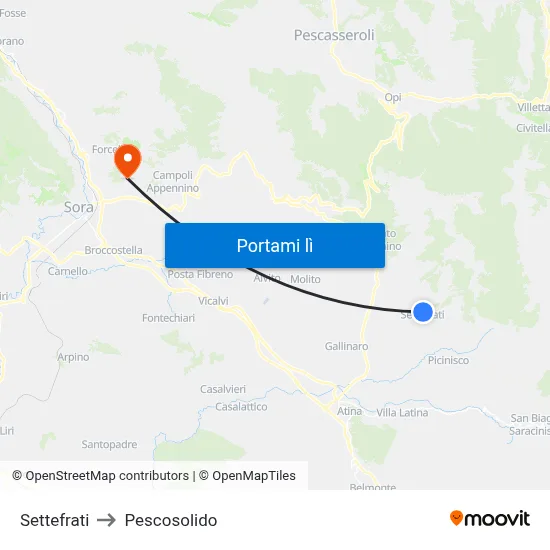 Settefrati to Pescosolido map