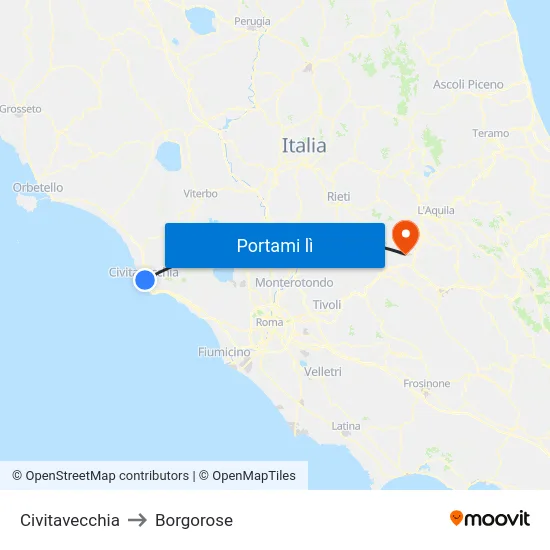 Civitavecchia to Borgorose map