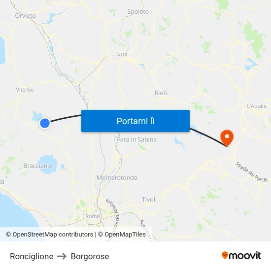 Ronciglione to Borgorose map