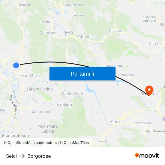 Selci to Borgorose map