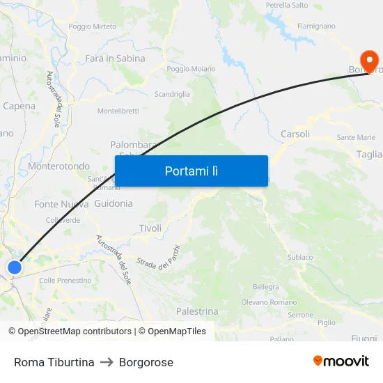 Roma Tiburtina to Borgorose map