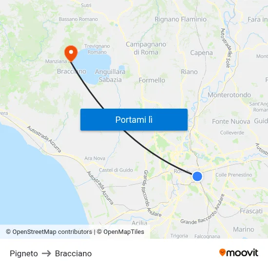 Pigneto to Bracciano map