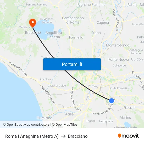 Roma | Anagnina (Metro A) to Bracciano map