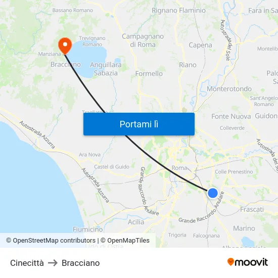 Cinecittà to Bracciano map