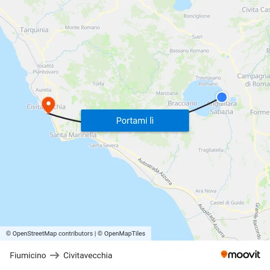 Fiumicino to Civitavecchia map