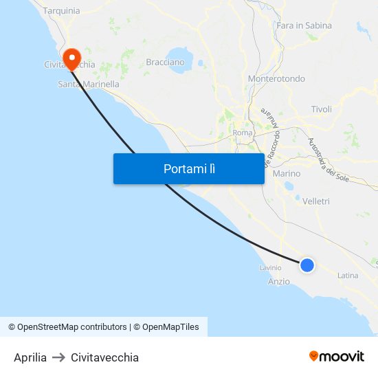 Aprilia to Civitavecchia map