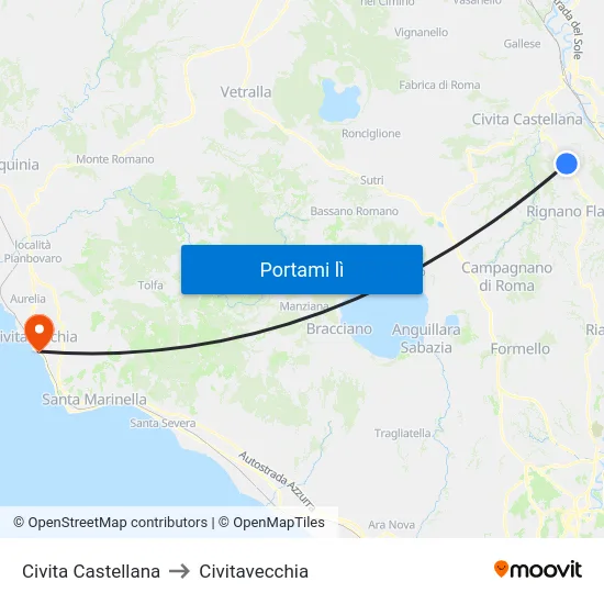 Civita Castellana to Civitavecchia map
