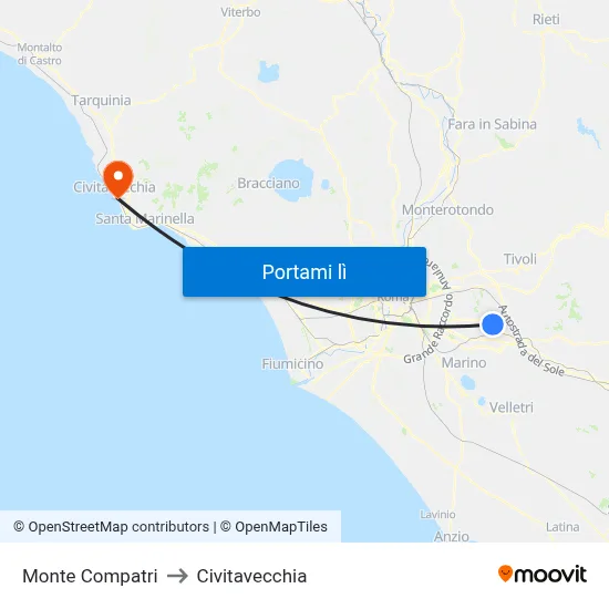 Monte Compatri to Civitavecchia map