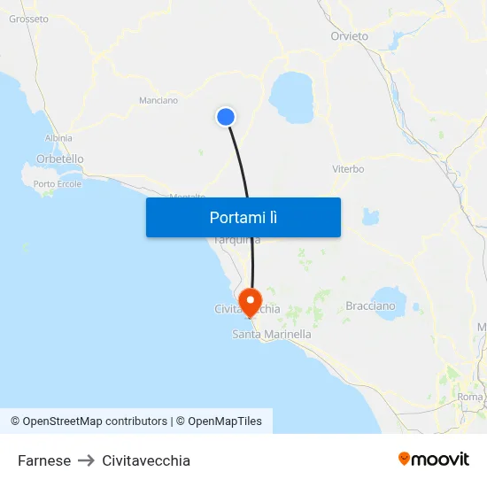 Farnese to Civitavecchia map