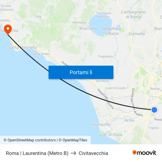 Roma | Laurentina (Metro B) to Civitavecchia map
