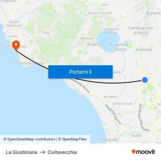 La Giustiniana to Civitavecchia map