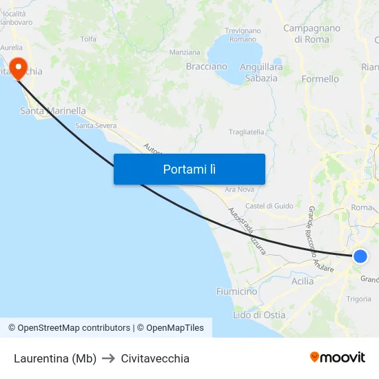 Laurentina (Mb) to Civitavecchia map