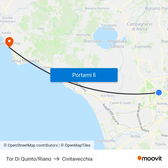 Tor Di Quinto/Riano to Civitavecchia map
