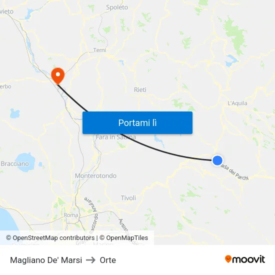Magliano De' Marsi to Orte map