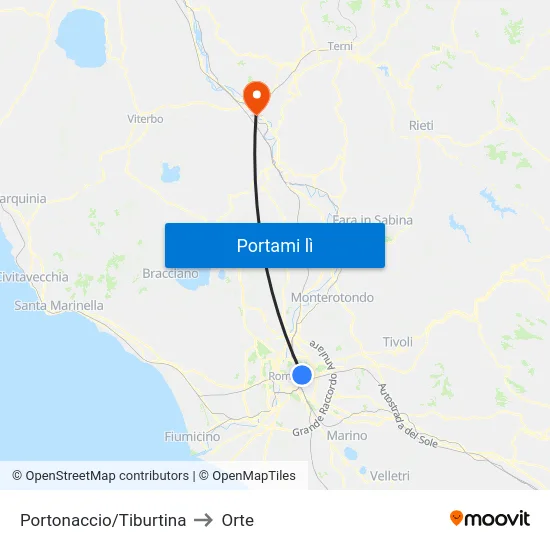 Portonaccio/Tiburtina to Orte map