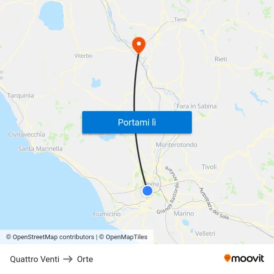 Quattro Venti to Orte map