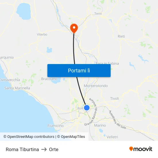 Roma Tiburtina to Orte map