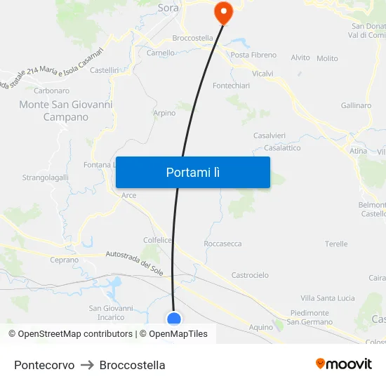 Pontecorvo to Broccostella map