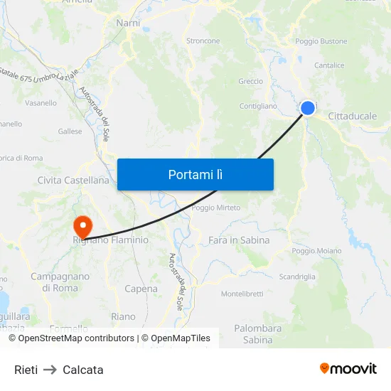 Rieti to Calcata map