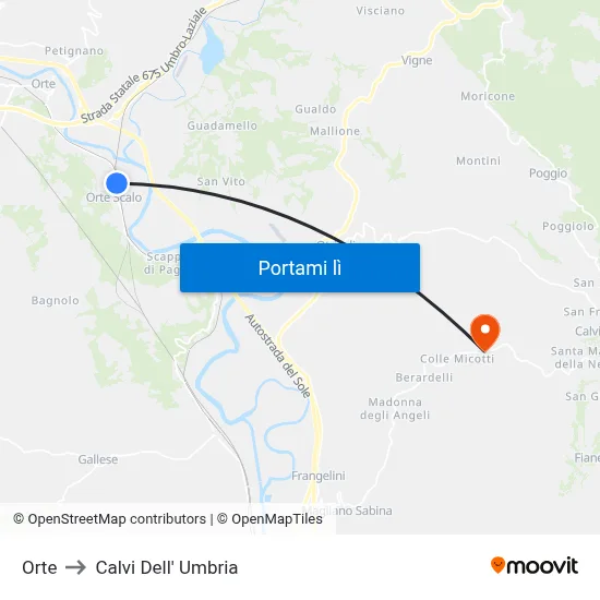 Orte to Calvi Dell' Umbria map