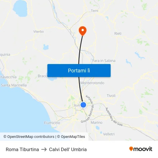 Roma Tiburtina to Calvi Dell' Umbria map