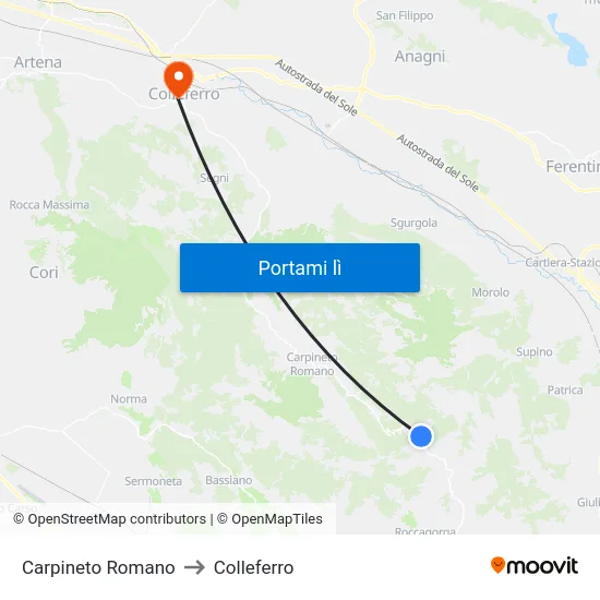 Carpineto Romano to Colleferro map