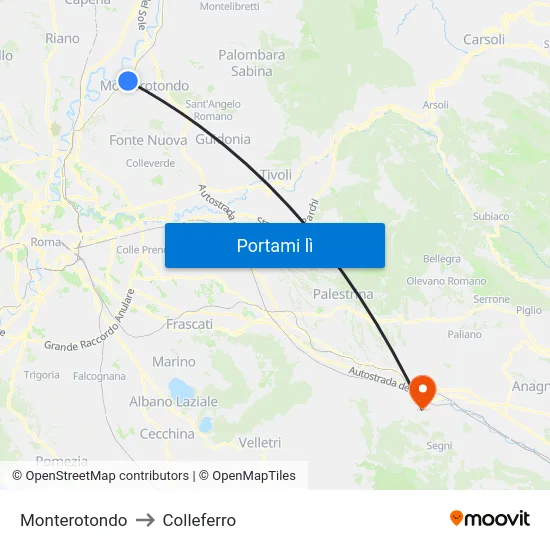 Monterotondo to Colleferro map