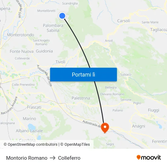 Montorio Romano to Colleferro map